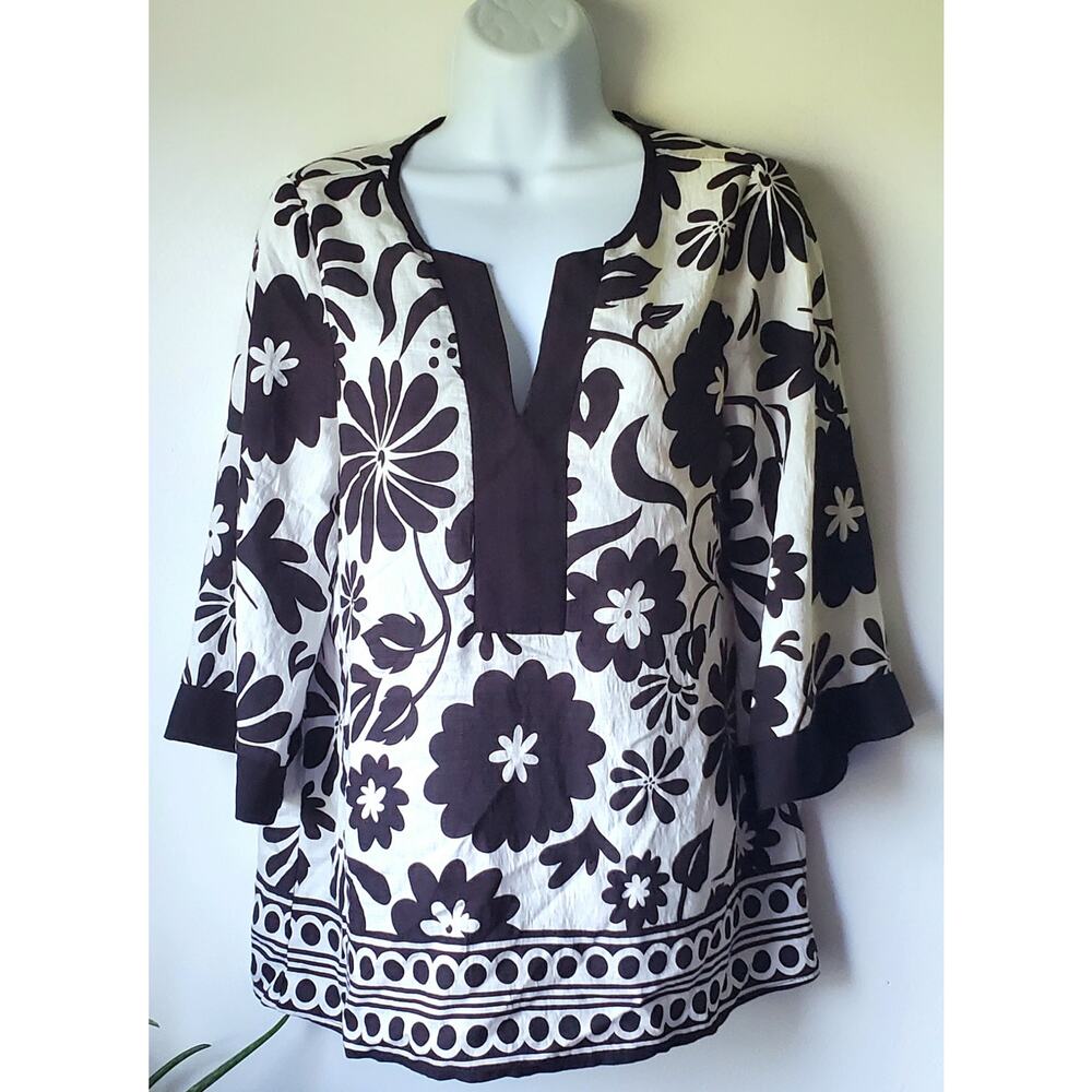 Bebonnie Womens Black White 3/4 Sleeve Blouse Size Small Boho Beachy Artsy